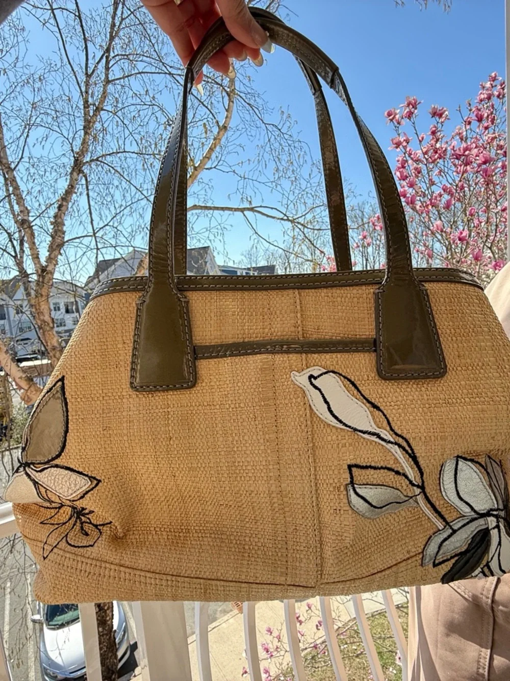 Coach Straw Tote with Olive Trim and Black, Silver Floral Applique - Picture 2 of 8